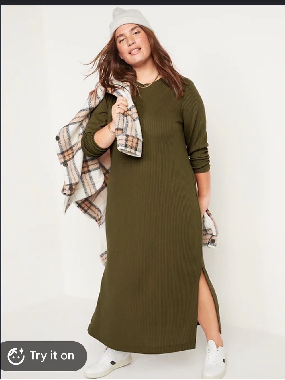 Old Navy Olive Ribbed Maxi Dress with Side Slit